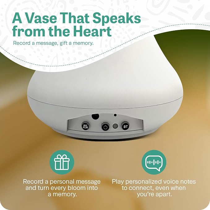 Interactive Robotic Pure Ivory Vase for Flower Bouquets | Bluetooth Capable, Touch Sensitive Floral Holder | Record a Message for Mother's Day, Birthdays, Anniversaries | 6x9 Inches