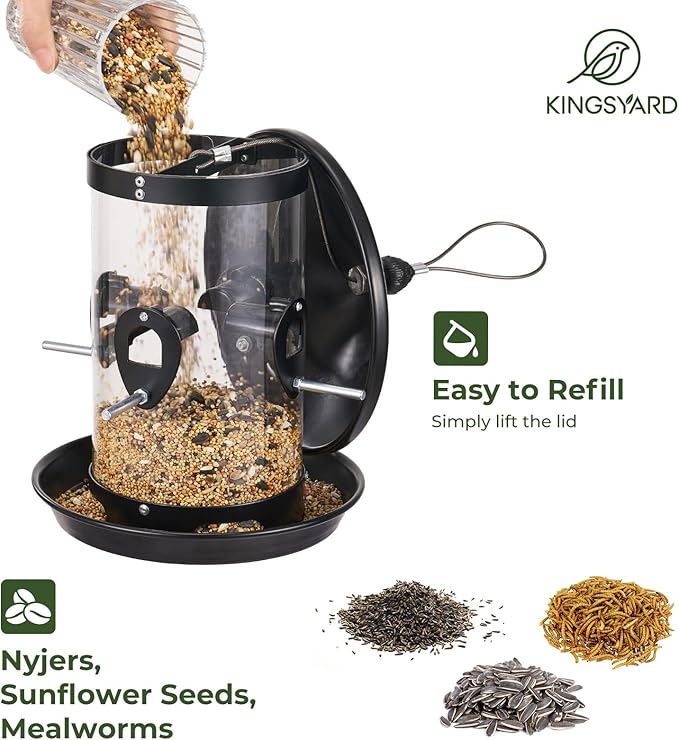 Kingsyard 4.5-Cups Large Metal Bird Feeders for Outdoors Hanging with 8 Ports, Tube Bird Feeder with Seed Tray, Weatherproof Chew Proof Roof for Cardinal Finch, Black