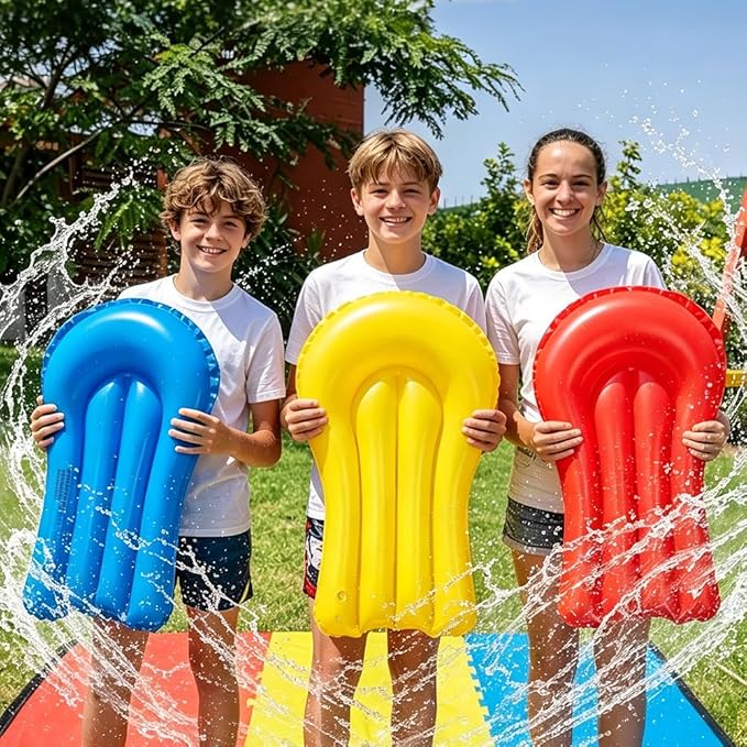23FT Triple Water Slide with 3 Inflatable Bodyboards, Lawn Slip Splash Slide with Built-in Sprinkler, Backyard Outdoor Summer Water Toy for Kids and Adults