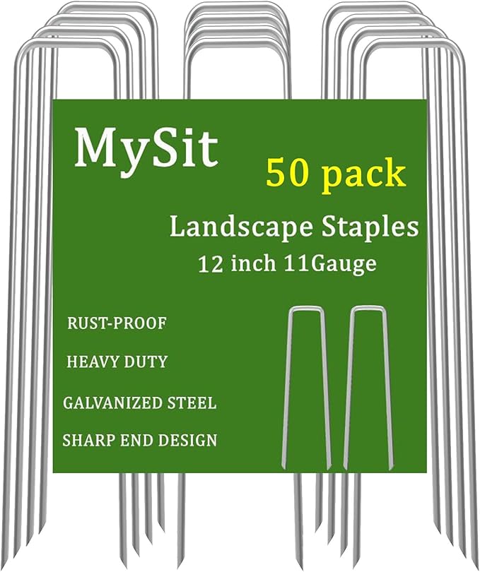 MySit 12" Garden Stakes Pins Landscape Staples 11Ga Tent Stakes 100 Pack, Heavy Duty Galvanized Steel Metal Yard Stakes Ground Lawn Staples Fence Anchors for Weed Barrier Fabric