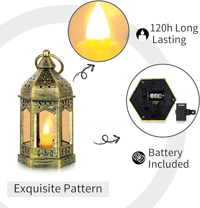 Mini Lanterns Decorative for Wedding Centerpiece - 20 Pcs Romadedi Hanging Small Gold Lantern Bulk with Flickering LED Candles for Halloween Decorations, Christmas Table Decor, Batteries Included
