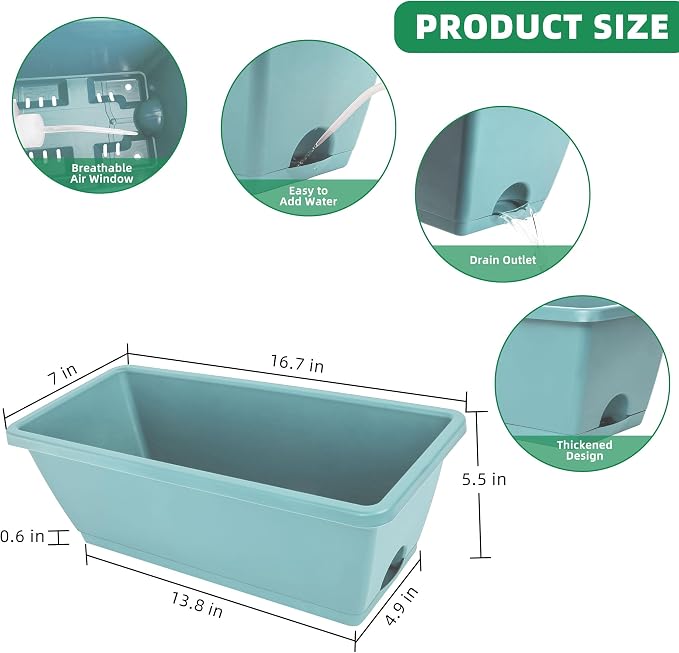 LOCONHA Window Box Planter, Plastic Vegetable Flower Planters Boxes 17 Inches Rectangular Flower Pots with Saucers for Indoor Outdoor Garden, Patio, Home Decor (12, Sky Blue)
