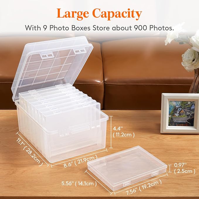 Lifewit 2 Pcs Photo Storage Set with 9 pcs 5"x7" Inner Photo Box& 28 x 22 cm/11x8.5" Transport Case, Craft Organizer for Seed Cards Pictures Office Supplies with 1 Sheet Label Sticker, Clear