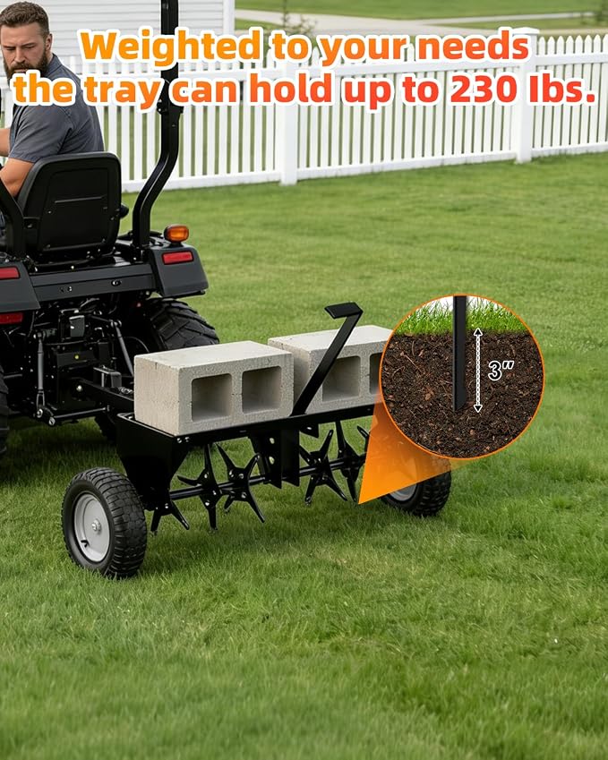 40" Tow Behind Aerator, Pull Behind Lawn Aerator Tool with Universal Hich, 24 Rust-Proof Knives & Heavy-Duty Tires, Plug Aerator for Yard & Garden Compacted Soil, Fits Lawn Tractors, ATV, UTV, Black