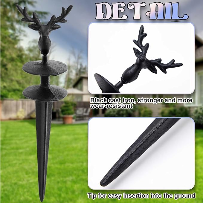 Tandefio 3 Pcs Deer Head Garden Hose Guide Stakes, Heavy Duty Decorative Antique Black Cast Iron Metal Hose Guides, Plant Protector for Lawn Yard Flower Bed
