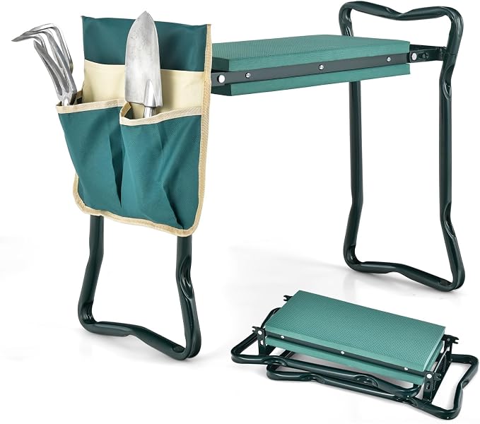 HAPPYGRILL Garden Kneeler Bench with Tools Pouch, Folding Garden Seat Stool Kneeling Pad Cushion for Patio Garden Yard