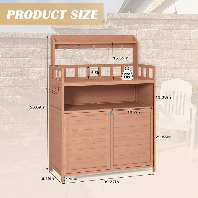 Outdoor Potting Bench with Storage,Wood Gardening Table for Planting,Outside Patio Garden Work Tables with Large Storage Cabinet & Top Shelf
