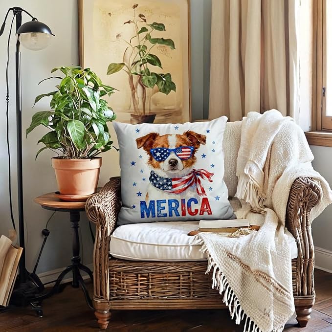 4th of July Patriotic Throw Pillow Covers 18x18 Inch 4Pack, American Flag With Hummingbird, Truck, Cowboy Boots & Dog Pillow Cases, Independence Day Farmhouse Cushion Covers for Sofa Patio (Red/Blue)