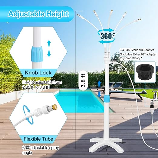 Stand Mister System, Portable Misting Cooling System with Upgrade Adjustable Riser Tube, 5 Spray Nozzles + 26.2FT (8M) Misting Line for Patio Pool BBQ Cooling Kids Water Playing (3.8FT)