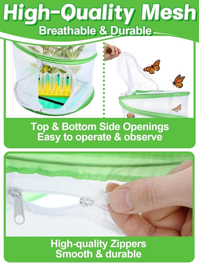 Complete Butterfly Habitat Kit - 14" W x 20" H Large Collapsible Mesh Growing Cage & Hydroponic Feeding Tubes/Rack Holder & Messproof Mat & Guide, Easy to Set Up, Monarch Caterpillars Enclosure House
