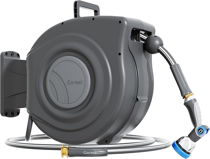 Retractable Garden Hose Reel 1/2 in x 65 ft Heavy Duty Automatic Water Hose Reel with 10-Function Sprayer Nozzle Kink-Free Auto Rewind Any-Length Lock 180° Swivel UV Resistant - Dark Gray