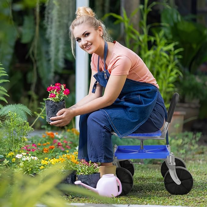 Garden Cart Rolling Stool with Four Wheels and Tool Bag, 360° Rotation Stable Workseat Sturdy Cart, Adjustable Seat Height & Direction, for Outdoor Lawn Yard Patio, Blue (Blue)