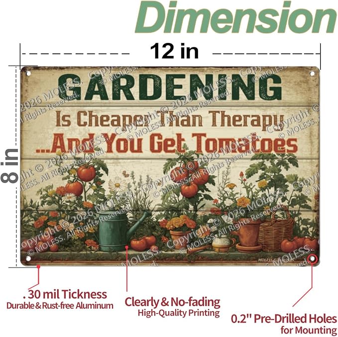 Vintage Garden Sign – 'Gardening Is Cheaper Than Therapy' | 12x8″ Funny Metal Garden Signs Decor for Outside, Gardening Gifts for Women & Mom, Plant Lover Gifts, 2685