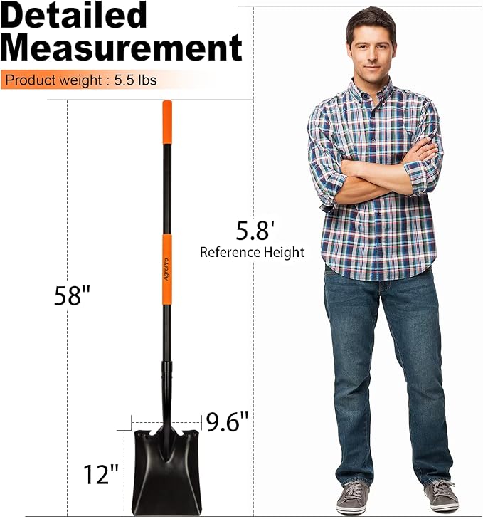 Shovel for Digging, Metal Shovel with Long Fiberglass Handle, Heavy Duty Shovel Garden Tool, 58 Inches