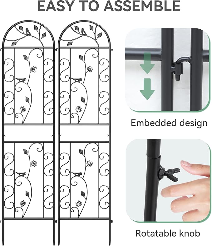 2 Pack 87"x20" Black Metal Garden Trellises, Decorative Daisy & Bird Rustproof Trellis for Outdoor Climbing Plants, Roses, Vines, Cucumbers & Vegetables
