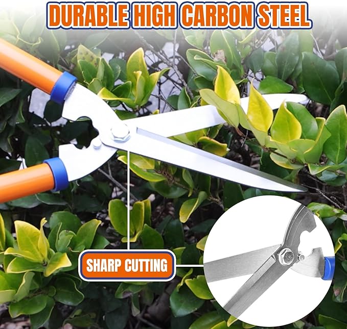 WADFOW Hedge Clippers:Bush Clippers With Adjustable Length Handle and Wavy SK-5 Steel Blade,Hedge Shears for Pruning Borders and Bushes, Blue and Yellow