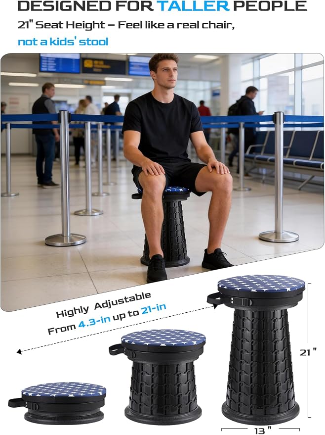 2026 Upgraded XXL Collapsible Stool with Cushion & Bag | 1000lbs Capacity, 21-in Taller & 13-in Wider Retractable Telescoping Stool for Adults, Oversized Camping, Fishing, Concert, Event, Stadium