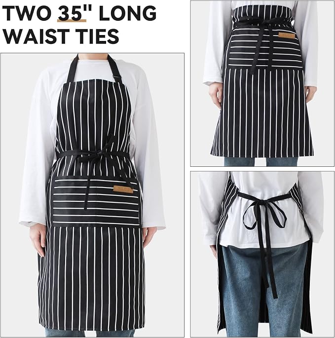 NLUS 2 Pack Cooking Aprons for Women with Pockets Adjustable Kitchen Bib Aprons for Women Men Chef, Black/White Stripe (Classic Black/White Stripes)
