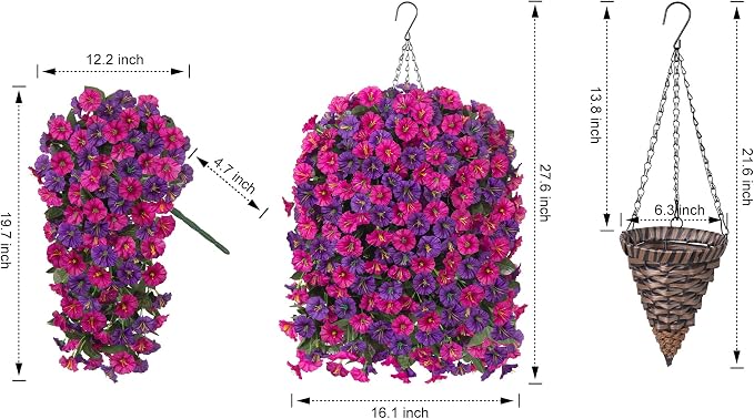 Artificial Fake Flowers Plants Hanging Baskets for Outdoor Outside, Faux Silk Hanging Dark Purple and Fuchsia Morning Glory Trailing Vines UV Resistant Look Real for Porch Patio Home Decoration