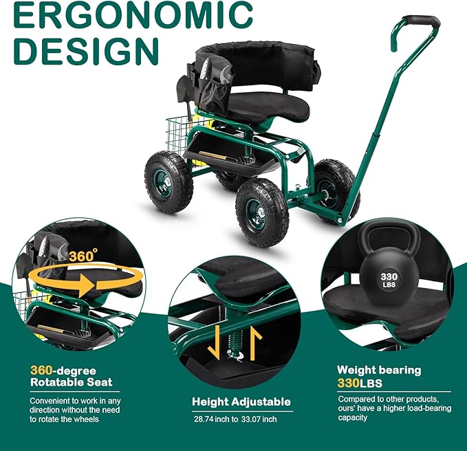 VINGLI Garden Cart with Soft Rolling Seat, Wheels, Adjustable Steering Handle & Utility Tool Tray, Planting Wagon Scooter, Gardening Tool for Senior, for Patio, Backyard, Lawn & Outdoor, Green