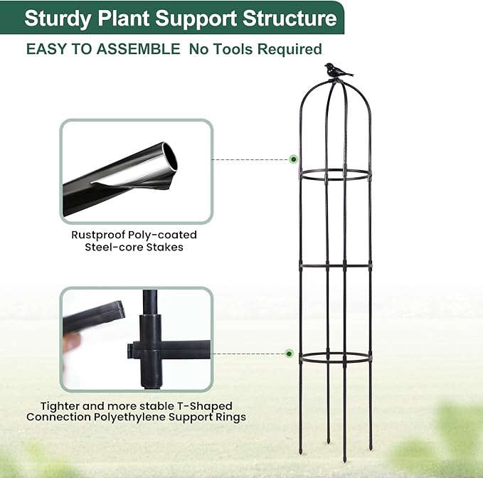 FOLLOOK Garden Obelisk Trellis for Climbing Plants Outdoor, 67 Inch Lightweight Round Plant Support for Roses Clematis Cucumber Vines Raised Garden Bed Planter, Black, 2 Pack