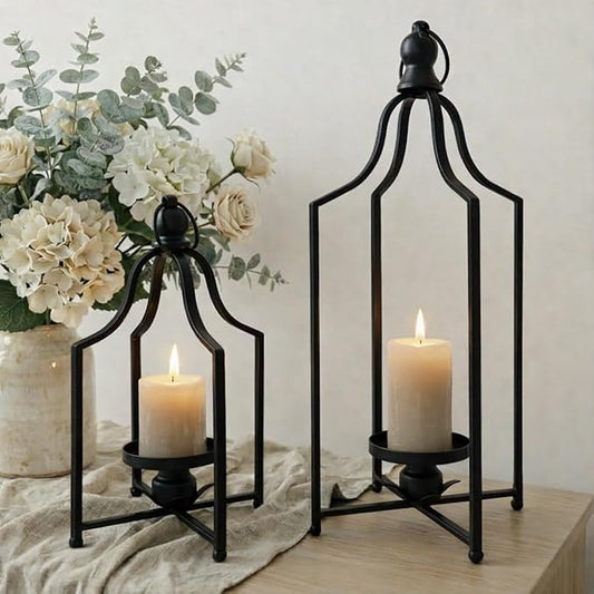 12.5" & 16.5" Timeless Cozy Decorative Lanterns Set of 2, Handcrafted Metal Iron Candle Holders, Farmhouse Elegance Fireplace Mantel Table Festive Gatherings Decor (Matte Black)