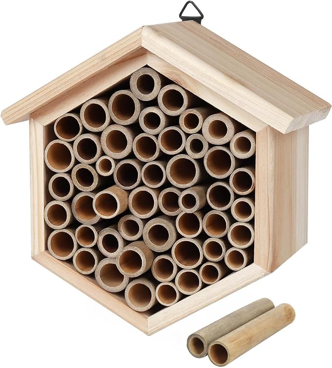 vensovo Mason Bee House - Replaceable Tubes Carpenter Bee Houses Bamboo Bee Hotel Wooden Bee Hive for Pollinating Bees, Outdoors, Carpenter Bees