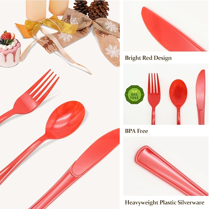 50 PCS Red Plastic Forks, Red Plastic Silverware, Heavy Duty Plastic Utensils - 50 Disposable Forks for Valentine's Day, Brithday, Holiday