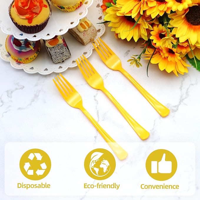 50 Pcs Yellow Plastic Forks Yellow Plastic Silverware Heavy Duty Plastic Cutlery Set Disposable Include 50 Plastic Forks for Birthday, Wedding, Easter, Garden Party