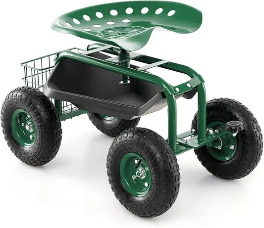 DORTALA 4-Wheel Rolling Garden Cart Work Seat with 360 Swivel & Height Adjustable Seat, Heavy Duty Planting Cart with Storage Basket, Green