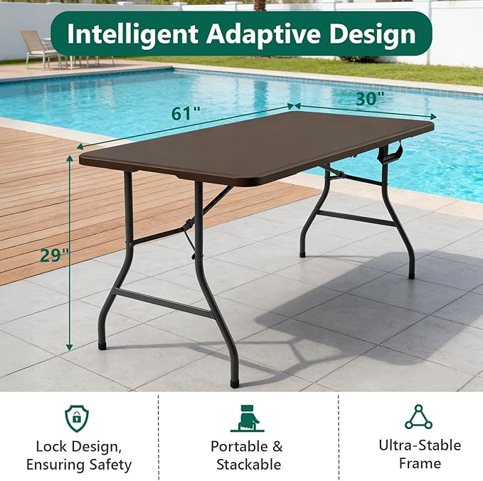 Folding Table, 5ft Portable Foldable Table Picnic Table with Carry Handle Plastic Table, Brown