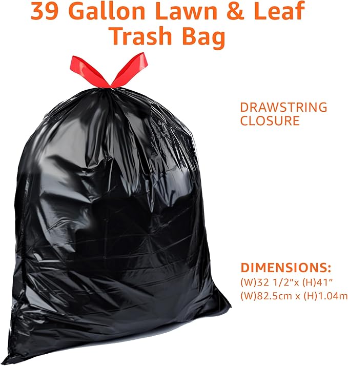 Amazon Basics 39 Gallon Lawn & Leaf Heavy Duty Drawstring Trash Bags, 20% Post Consumer Recycled, 40 Count, Black