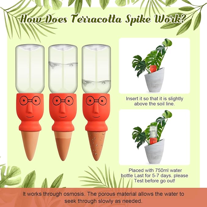 Cinnvoice 4 Sets Terracotta Watering Spike Plant Self Watering Devices with 12 oz Plastic Wine Bottles for Vacation Slow Release Irrigation System Plant Easy Waterer Device for Garden Accessories