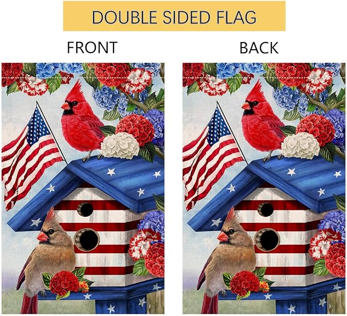 BLKWHT 4th of July Cardinal Bird House Flag 28x40 Vertical Double Sided Red Blue Floral Memorial Day Independence Day Holiday Outside Decorations Burlap Yard Flag BW824-40