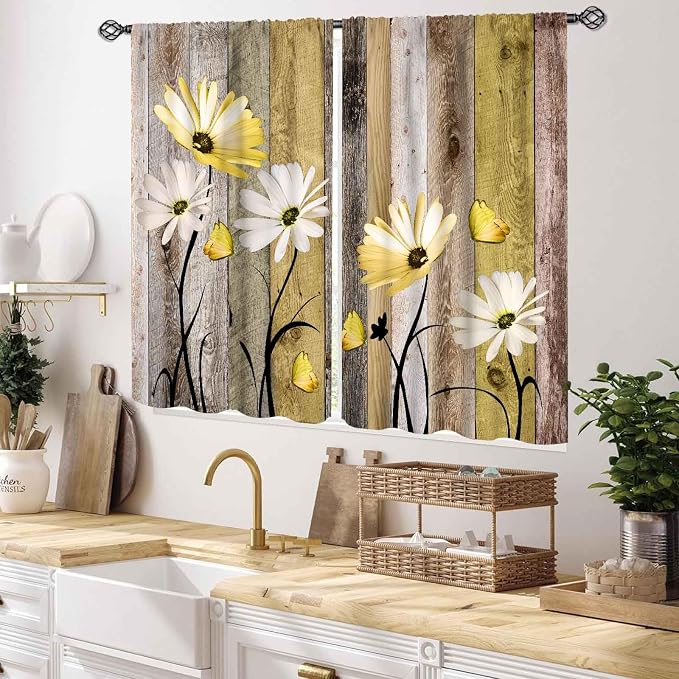 Farmhouse Daisy Curtains, Rustic Wooden Flower Retro Yellow White Floral Spring Butterfly Rural Country Style Small Short Window Curtains for Living Room Bedroom Kitchen Bathroom 2 Panels, 55x39 Inch