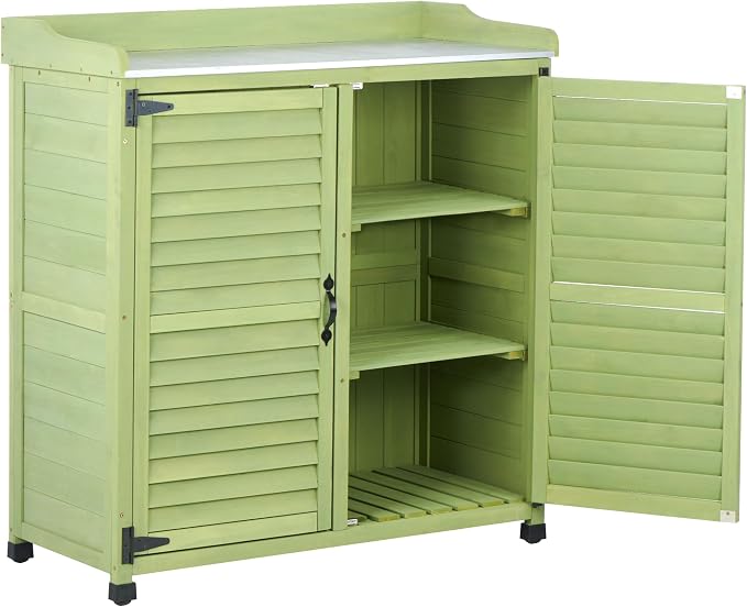 Outdoor Storage Cabinet & Potting Bench Table with Metal Work Top, Vented Louvered Doors, Wooden Patio Furniture, Garden Workstation, Green, 36x31x17in