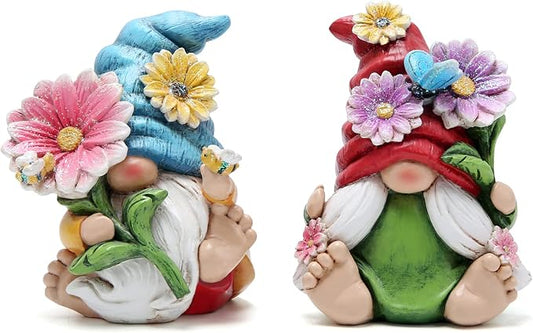 Hodao 2PCS Spring Flower Gnome Figurines Decorations - Resin Summer Gnomes Plush Decor for Indoor Garden Office, Cute Floral Gnome Ornaments Gift for Housewarming, Birthday, Holiday