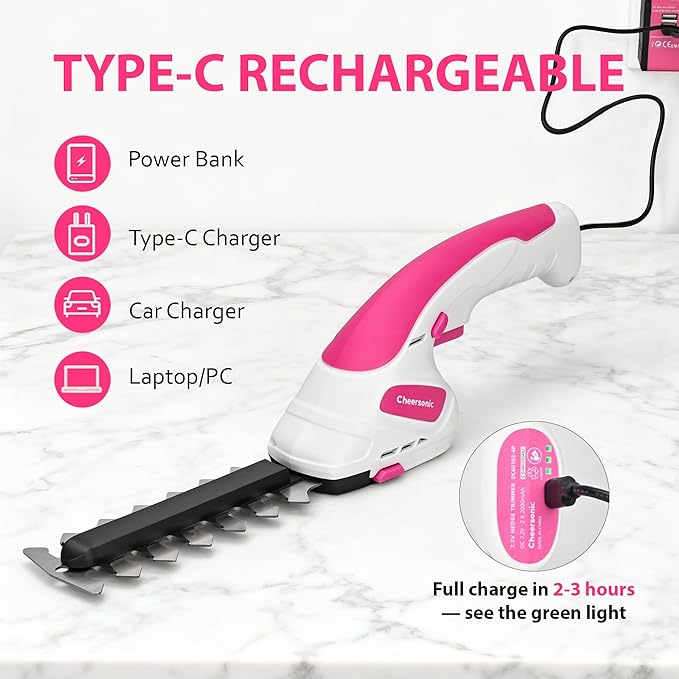 Cordless Grass Shear & Hedge Trimmer 7.2V Handheld Electric Grass Trimmer with 2 * 2000mAh Battery 2 in 1 Lightweight Shrub Trimmer Type-C Cable for Small Bushes, Lawn Edging & Garden Pink