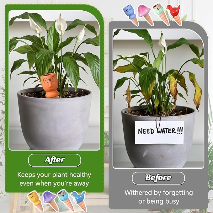 Domensi 8 Pack Terracotta Plant Watering Devices, Self Watering Spikes, Mushroom, Bird, Head, Owl-Shaped, Automatic Insert System Decorative Stakes, Cute Plant Spikes for Indoor Outdoor Plants