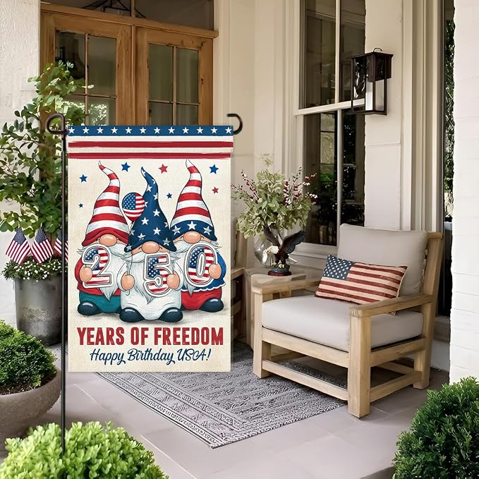 Gnome 250 Years America Patriotic Garden Flag - Independence Memorial Day Decorations, Funny 250 Year American Anniversary Flag, USA Birthday Freedom Yard Sign, 1776-2026 USA 4th of July Garden Flag for Outside