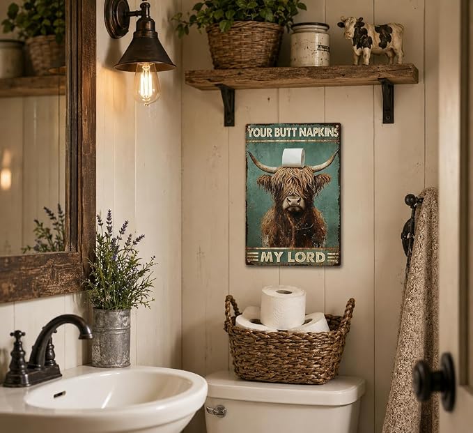 Funny Highland Cow Metal Sign, Vintage Bathroom Humor Wall Decor, Your Butt Napkins My Lord Retro Plaque for Toilet Restroom Farmhouse Home Decor 8x12 Inch