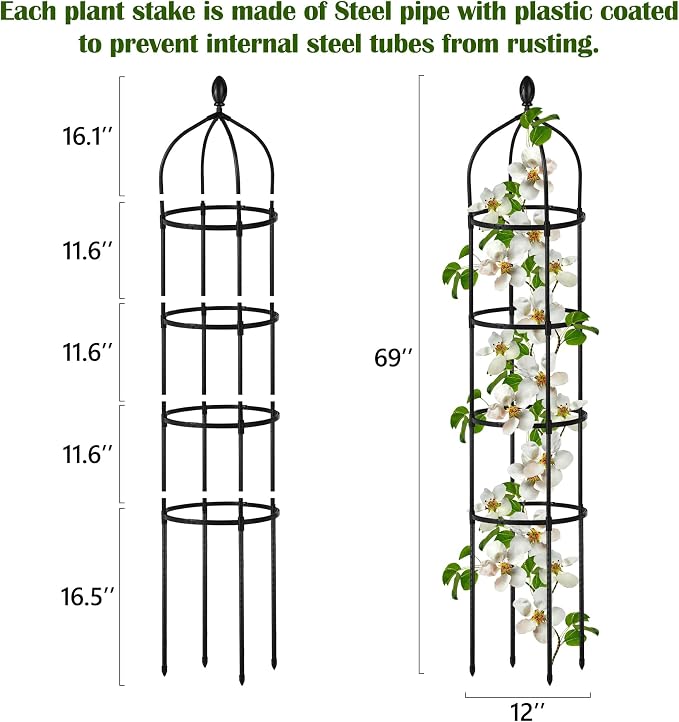 2 Pcs Garden Obelisk Trellis for Climbing Plants Outdoor 6 Ft Rose Bush Round Trellis for Pots Rustproof Metal Pipe with Plastic Coated Plant Flower Trellises for Clematis Vine Jasmine Support