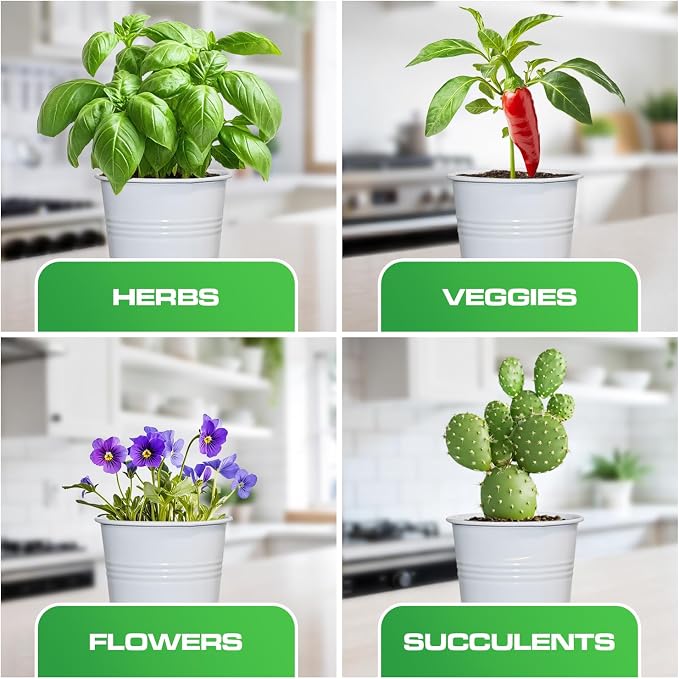 Plexon Herb Planter Indoor Garden Set of 3 with Tray, Metal Herb Pots for Indoor Plants, Round Kitchen Garden Kit Ideal for Windowsill Planter or Countertop, White Powder Coated