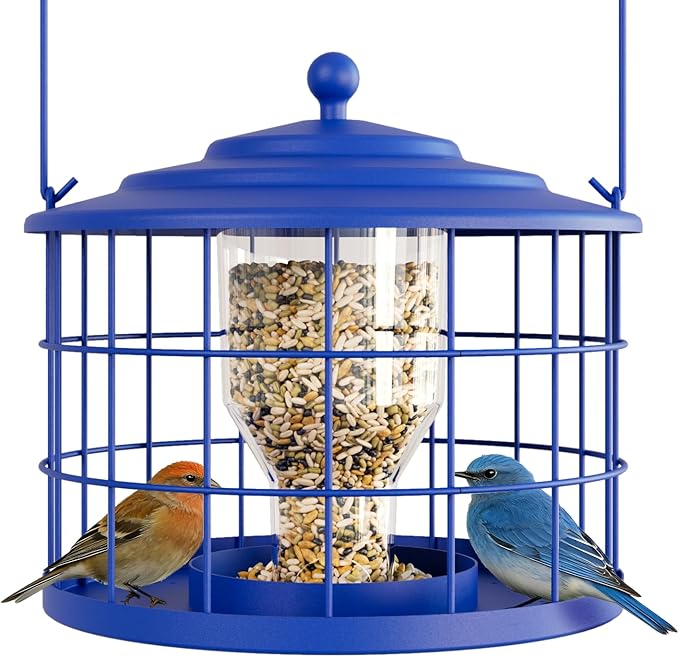 Squirrel Proof Bird Feeder, Metal Cage Bird Feeder for Outdoors Hanging, Starling Resistant Design for Small Birds, Weatherproof with Drain Holes, Easy to Refill, Blue