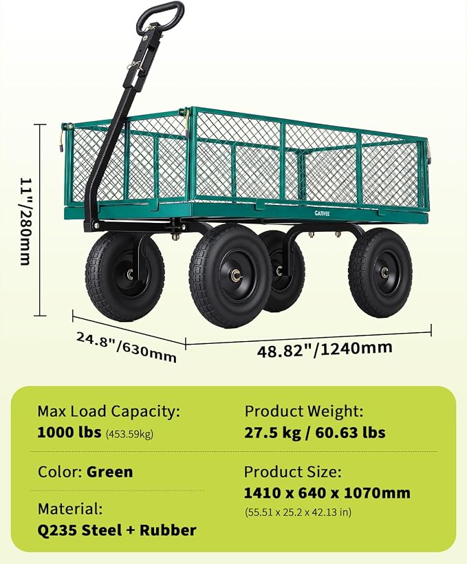 Garvee Versatile Outdoor Utility Cart-1000LBS Heavy-Duty, 13" All-Terrain Pneumatic Tires, Vehicle-Connectable, Easy Maneuverable Lawn Cart with Removable Mesh Panels for Gardening & Landscaping,Green