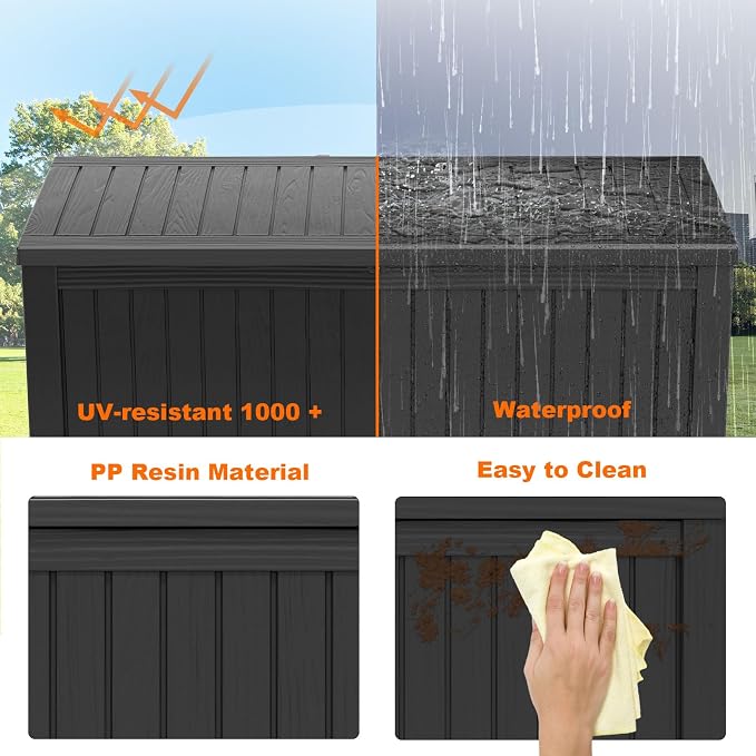 PatioZen 180 Gallon Resin Deck Box, Lockable Patio Outdoor Storage Box for Furniture, Garden Tools and Tools Storage, Waterproof Outside Storage Boxes - Black