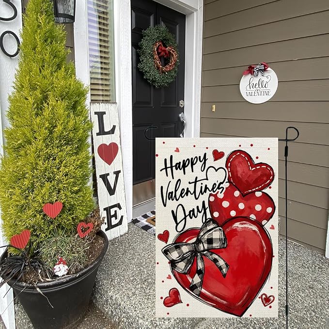 CROWNED BEAUTY Valentines Day Hearts Garden Flag 12x18 Inch Double Sided for Outside Small Burlap Love Red Holiday Yard Decoration