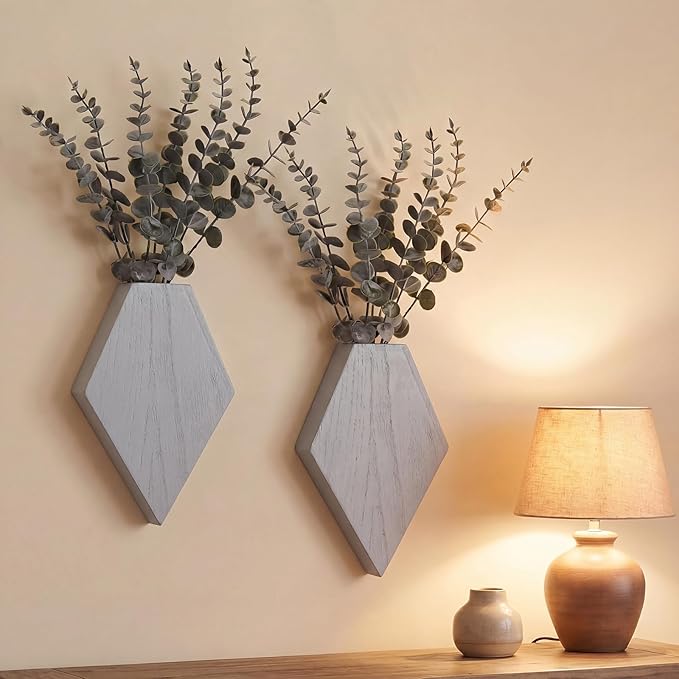 Chunful Wooden Wall Planter Decor Hanging Fake Plants Greenery Flowers Holder Vase Boxes for Wall Farmhouse Bohemian Living Room Bedroom Kitchen Office Indoor Decoration (Light Gray,2 Pcs)