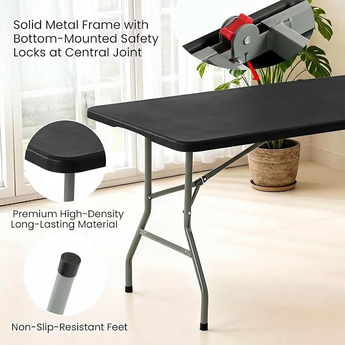8 Foot Foldable Table with Built in Handle & Steel Legs, 8FT Portable Heavy Duty Plastic Folding Tables for Parties, Dining, Wedding, Events, Picnic, Indoor & Outdoor, Camping, Utility