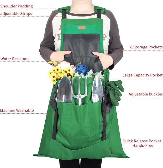 Gardening Apron with Pockets for Women&Men, Harvest Aprons w/Quick Release Pocket, One Size Fits Most, Gardening Gift